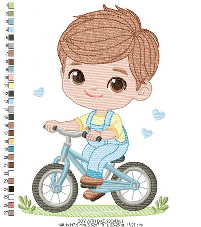 Boy with bike embroidery designs - Baby Boy with bycicle machine embroidery pattern - Cyclist Biker file - Instant digital download pes jef