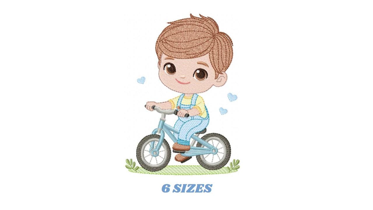 Boy with bike embroidery designs - Baby Boy with bycicle machine embroidery pattern - Cyclist Biker file - Instant digital download pes jef