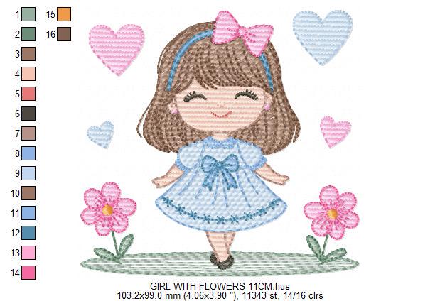 Young Girl with dress flowers hearts embroidery designs - Baby girl with lace and long hair machine embroidery pattern - Instant download