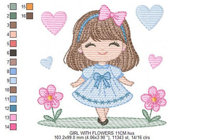 Young Girl with dress flowers hearts embroidery designs - Baby girl with lace and long hair machine embroidery pattern - Instant download