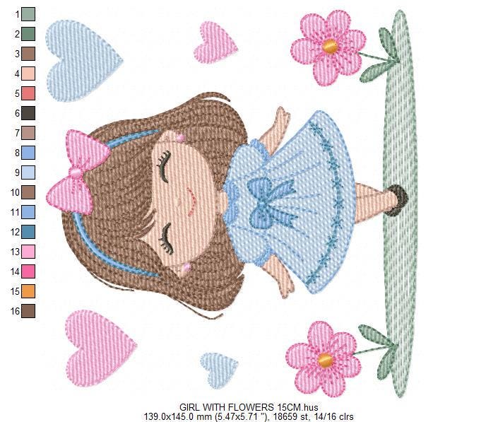 Young Girl with dress flowers hearts embroidery designs - Baby girl with lace and long hair machine embroidery pattern - Instant download