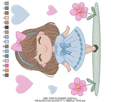 Young Girl with dress flowers hearts embroidery designs - Baby girl with lace and long hair machine embroidery pattern - Instant download