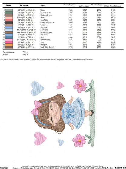 Young Girl with dress flowers hearts embroidery designs - Baby girl with lace and long hair machine embroidery pattern - Instant download