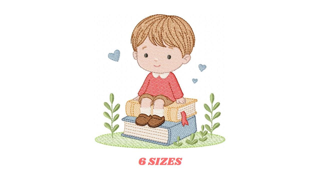 Baby Boy with books embroidery designs - School Student Toddler with books and hearts machine embroidery pattern - Instant download pes jef