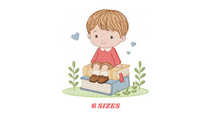 Baby Boy with books embroidery designs - School Student Toddler with books and hearts machine embroidery pattern - Instant download pes jef