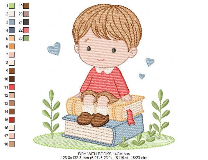 Baby Boy with books embroidery designs - School Student Toddler with books and hearts machine embroidery pattern - Instant download pes jef