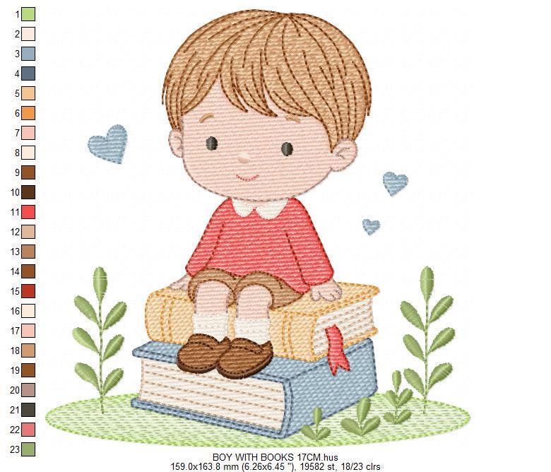 Baby Boy with books embroidery designs - School Student Toddler with books and hearts machine embroidery pattern - Instant download pes jef