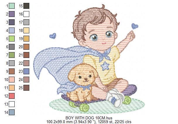 Baby Boy with dog embroidery designs - Super Hero Boy with cape machine embroidery pattern - Boy with puppy file - Instant download jef pes