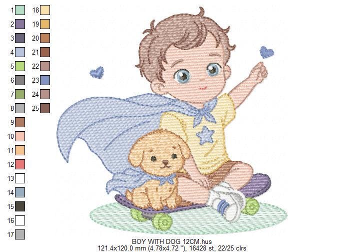 Baby Boy with dog embroidery designs - Super Hero Boy with cape machine embroidery pattern - Boy with puppy file - Instant download jef pes