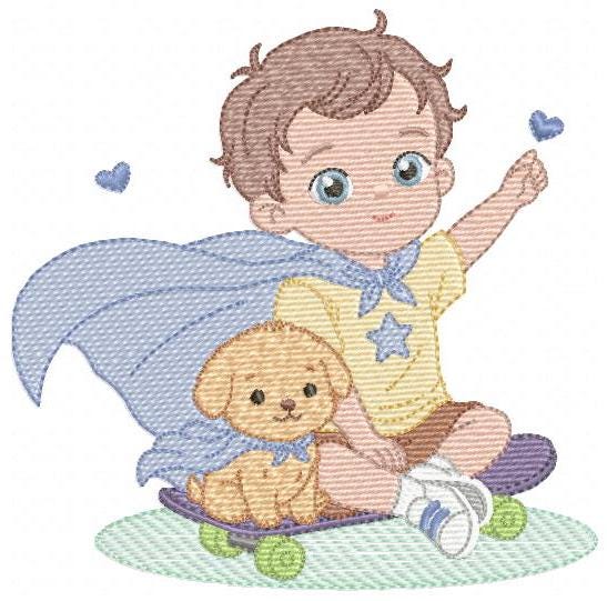 Baby Boy with dog embroidery designs - Super Hero Boy with cape machine embroidery pattern - Boy with puppy file - Instant download jef pes