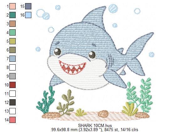 Shark embroidery designs - Ocean animals machine pattern - Baby Boy Shark with shells bubbles and algae frame - Instant download pes jef dst