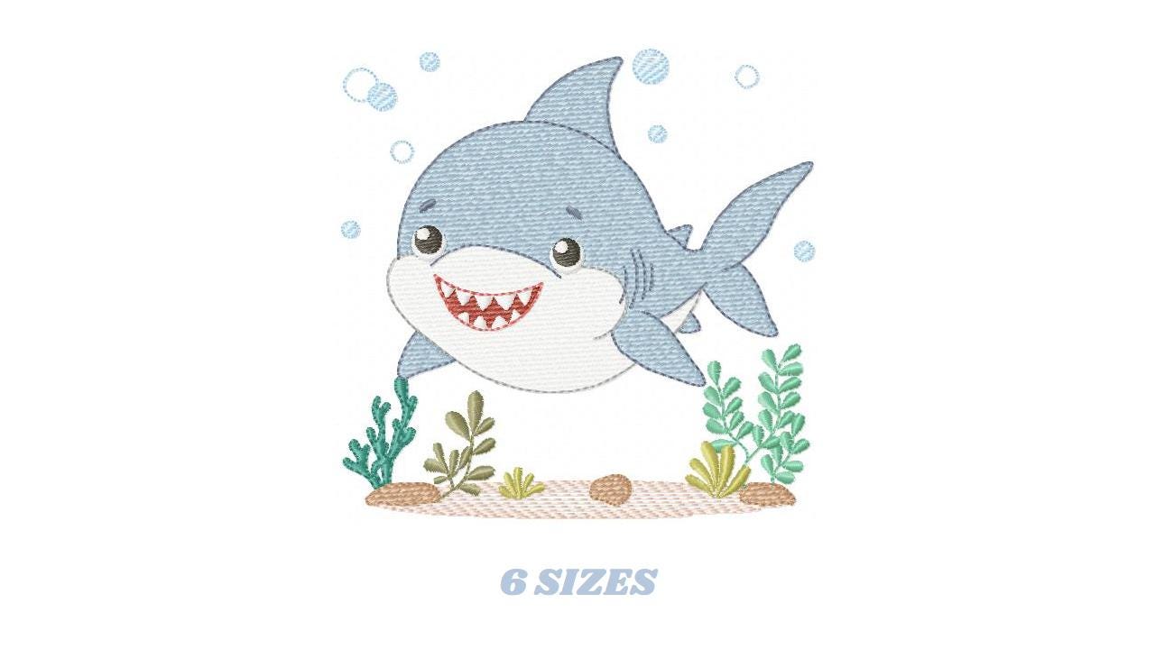 Shark embroidery designs - Ocean animals machine pattern - Baby Boy Shark with shells bubbles and algae frame - Instant download pes jef dst