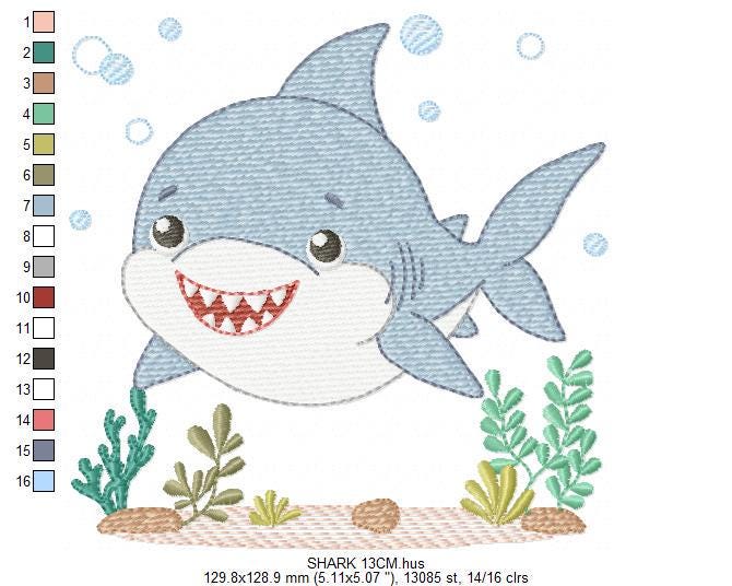 Shark embroidery designs - Ocean animals machine pattern - Baby Boy Shark with shells bubbles and algae frame - Instant download pes jef dst