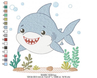 Shark embroidery designs - Ocean animals machine pattern - Baby Boy Shark with shells bubbles and algae frame - Instant download pes jef dst