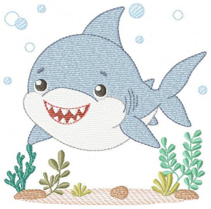 Shark embroidery designs - Ocean animals machine pattern - Baby Boy Shark with shells bubbles and algae frame - Instant download pes jef dst