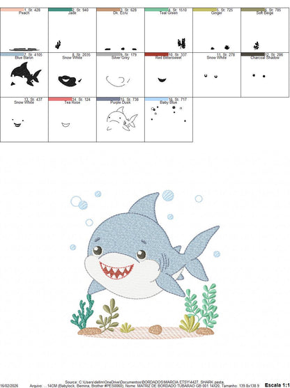 Shark embroidery designs - Ocean animals machine pattern - Baby Boy Shark with shells bubbles and algae frame - Instant download pes jef dst