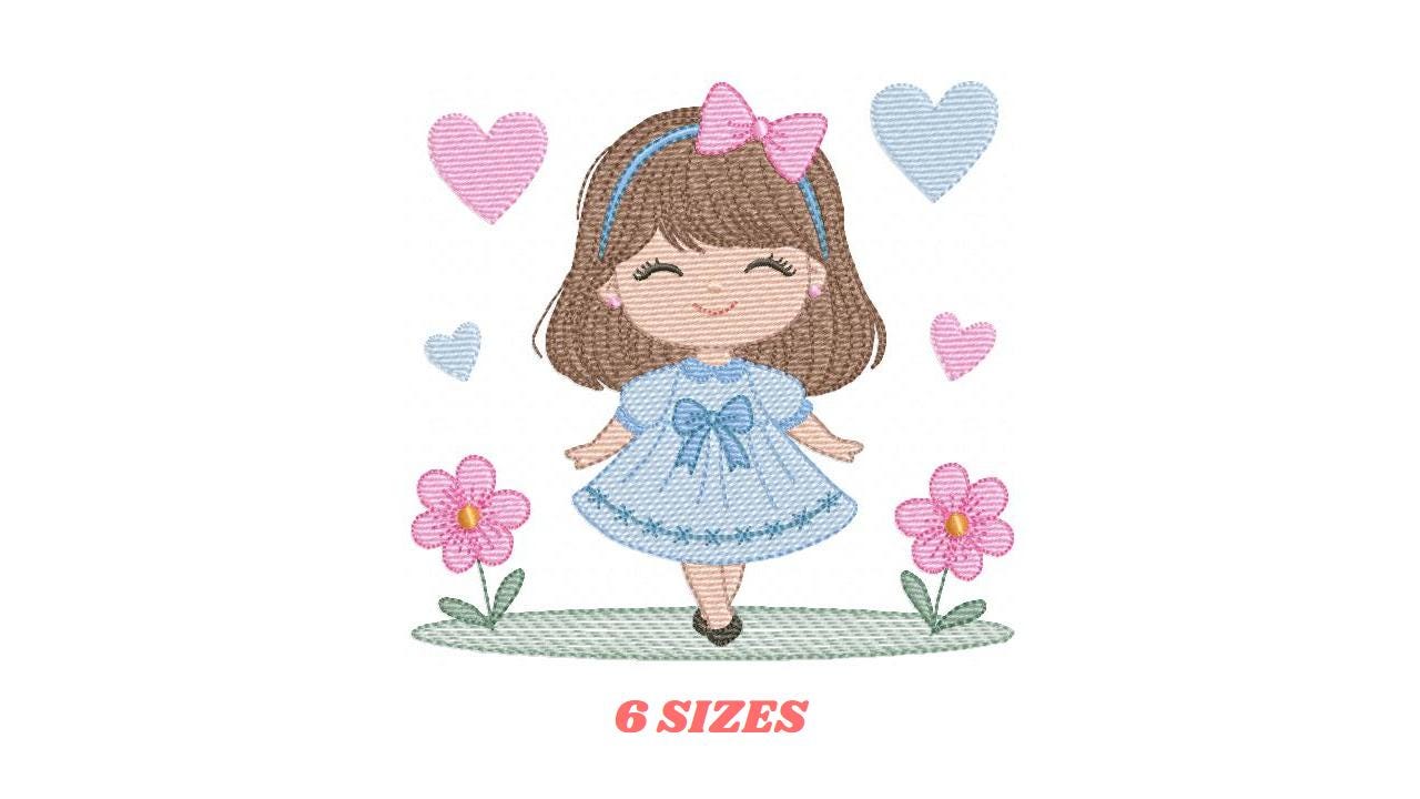 Young Girl with dress flowers hearts embroidery designs - Baby girl with lace and long hair machine embroidery pattern - Instant download