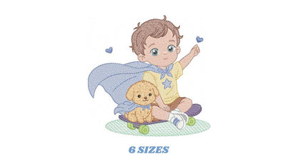 Baby Boy with dog embroidery designs - Super Hero Boy with cape machine embroidery pattern - Boy with puppy file - Instant download jef pes
