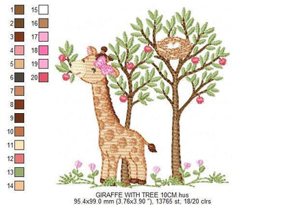 Giraffe with tree embroidery designs - Safari wild animal with birdnest machine embroidery pattern - Baby girl file - Instant download pes