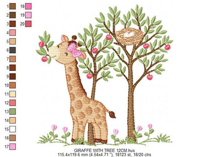 Giraffe with tree embroidery designs - Safari wild animal with birdnest machine embroidery pattern - Baby girl file - Instant download pes