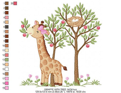 Giraffe with tree embroidery designs - Safari wild animal with birdnest machine embroidery pattern - Baby girl file - Instant download pes