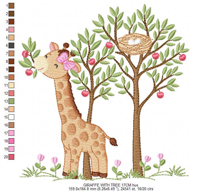 Giraffe with tree embroidery designs - Safari wild animal with birdnest machine embroidery pattern - Baby girl file - Instant download pes