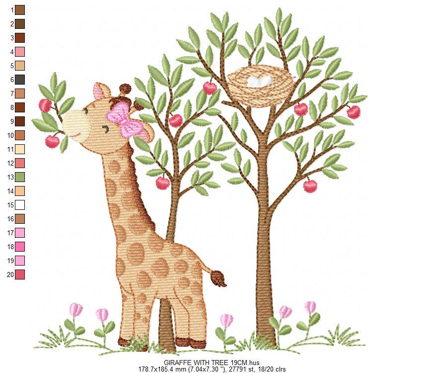 Giraffe with tree embroidery designs - Safari wild animal with birdnest machine embroidery pattern - Baby girl file - Instant download pes