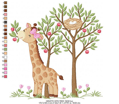 Giraffe with tree embroidery designs - Safari wild animal with birdnest machine embroidery pattern - Baby girl file - Instant download pes