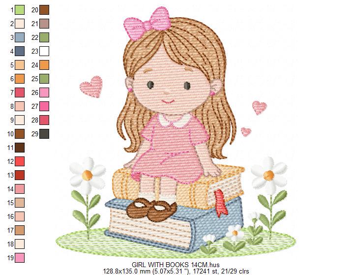 Baby Girl with books embroidery designs - School Student Toddler with books and hearts machine embroidery pattern - Instant download pes jef