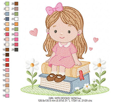 Baby Girl with books embroidery designs - School Student Toddler with books and hearts machine embroidery pattern - Instant download pes jef