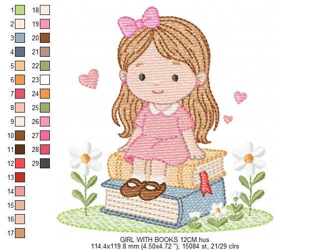 Baby Girl with books embroidery designs - School Student Toddler with books and hearts machine embroidery pattern - Instant download pes jef
