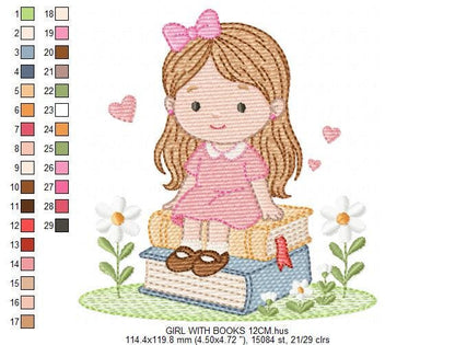 Baby Girl with books embroidery designs - School Student Toddler with books and hearts machine embroidery pattern - Instant download pes jef