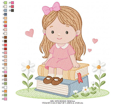 Baby Girl with books embroidery designs - School Student Toddler with books and hearts machine embroidery pattern - Instant download pes jef