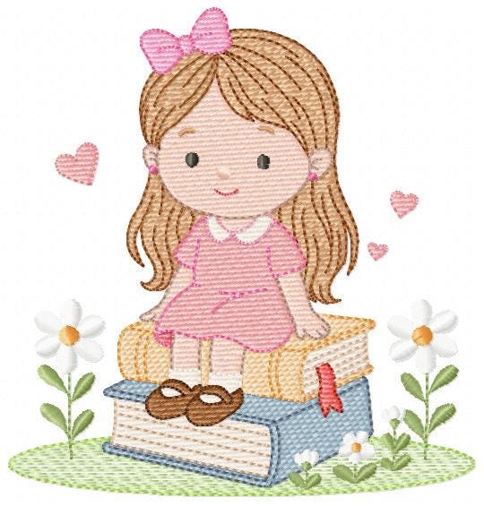 Baby Girl with books embroidery designs - School Student Toddler with books and hearts machine embroidery pattern - Instant download pes jef