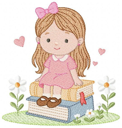 Baby Girl with books embroidery designs - School Student Toddler with books and hearts machine embroidery pattern - Instant download pes jef