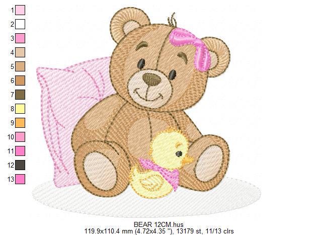 Baby Girl Teddy Bear embroidery designs - Sleeping Bear with duck and pillow machine embroidery pattern - Instant digital download pes jef