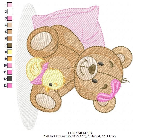 Baby Girl Teddy Bear embroidery designs - Sleeping Bear with duck and pillow machine embroidery pattern - Instant digital download pes jef