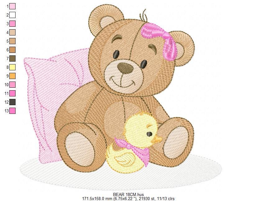 Baby Girl Teddy Bear embroidery designs - Sleeping Bear with duck and pillow machine embroidery pattern - Instant digital download pes jef