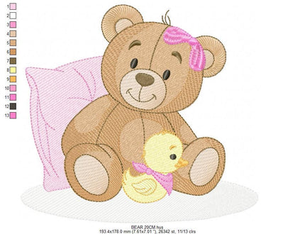 Baby Girl Teddy Bear embroidery designs - Sleeping Bear with duck and pillow machine embroidery pattern - Instant digital download pes jef