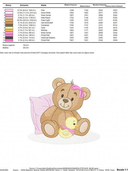 Baby Girl Teddy Bear embroidery designs - Sleeping Bear with duck and pillow machine embroidery pattern - Instant digital download pes jef