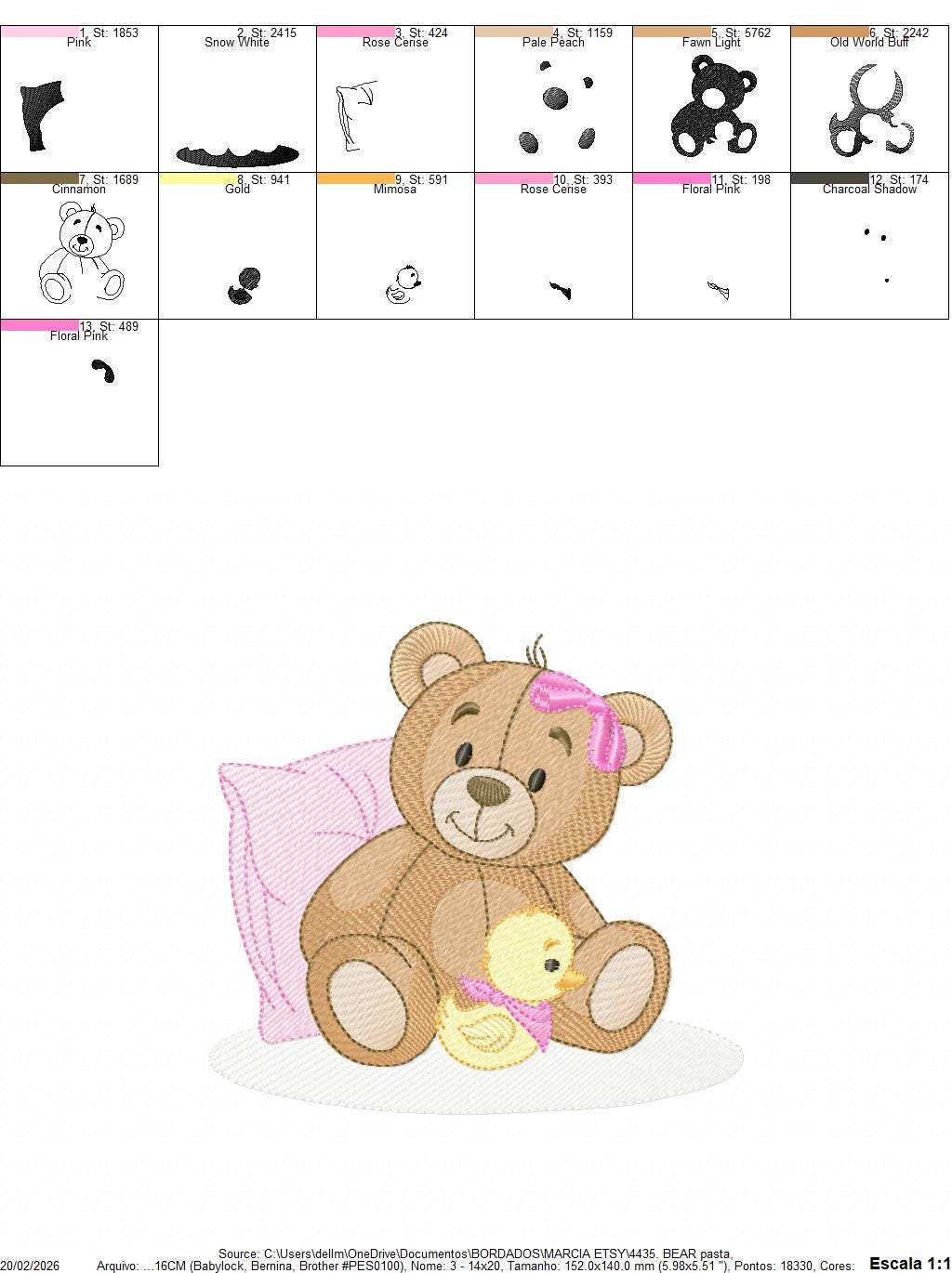Baby Girl Teddy Bear embroidery designs - Sleeping Bear with duck and pillow machine embroidery pattern - Instant digital download pes jef