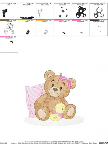 Baby Girl Teddy Bear embroidery designs - Sleeping Bear with duck and pillow machine embroidery pattern - Instant digital download pes jef