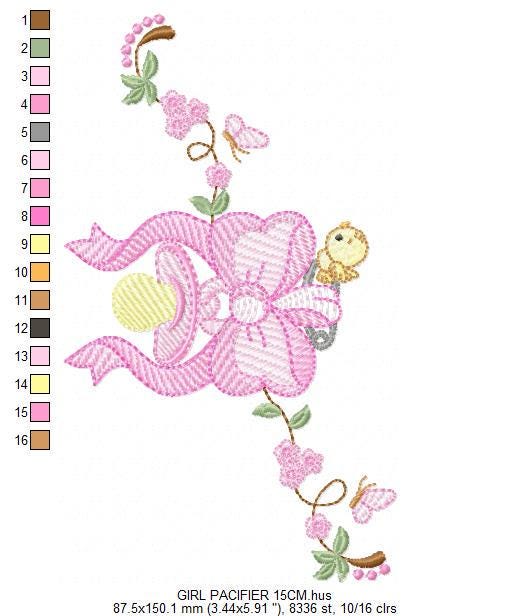 Baby girl pink ribbon and pacifier embroidery designs - Newborn toy machine embroidery pattern - Princess bow lace - Instant download pes