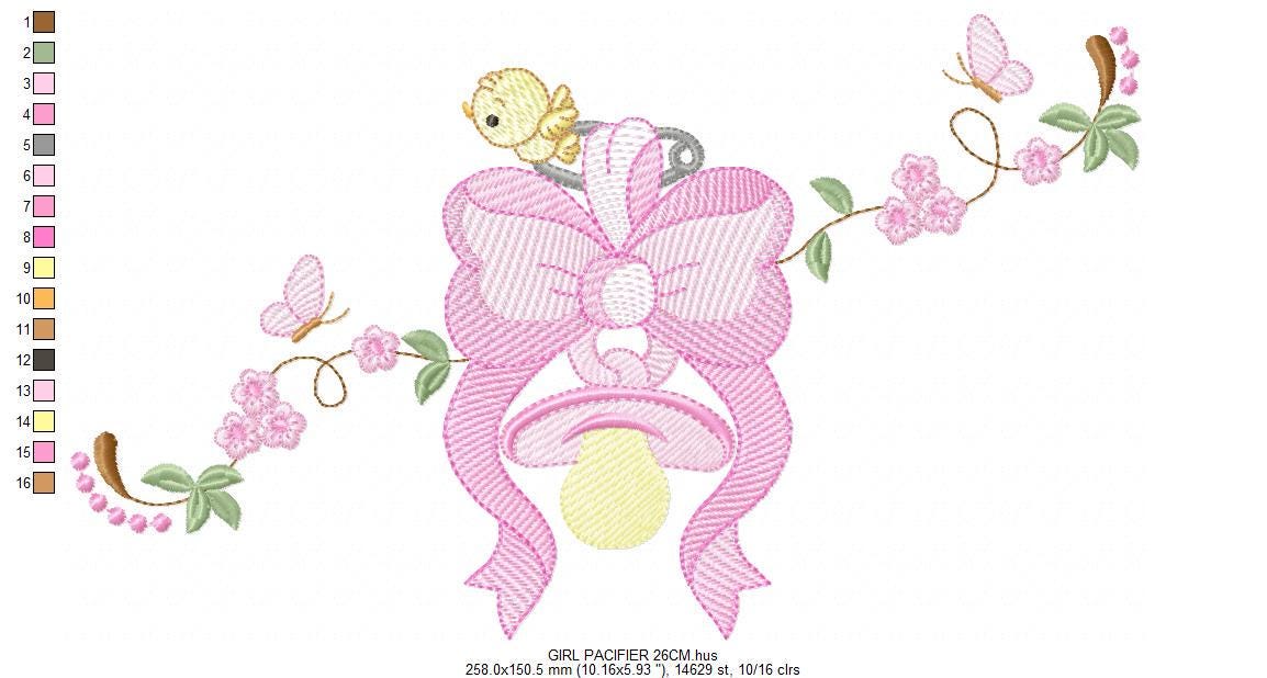 Baby girl pink ribbon and pacifier embroidery designs - Newborn toy machine embroidery pattern - Princess bow lace - Instant download pes