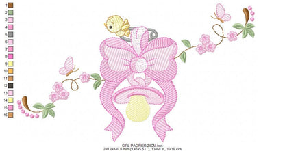 Baby girl pink ribbon and pacifier embroidery designs - Newborn toy machine embroidery pattern - Princess bow lace - Instant download pes