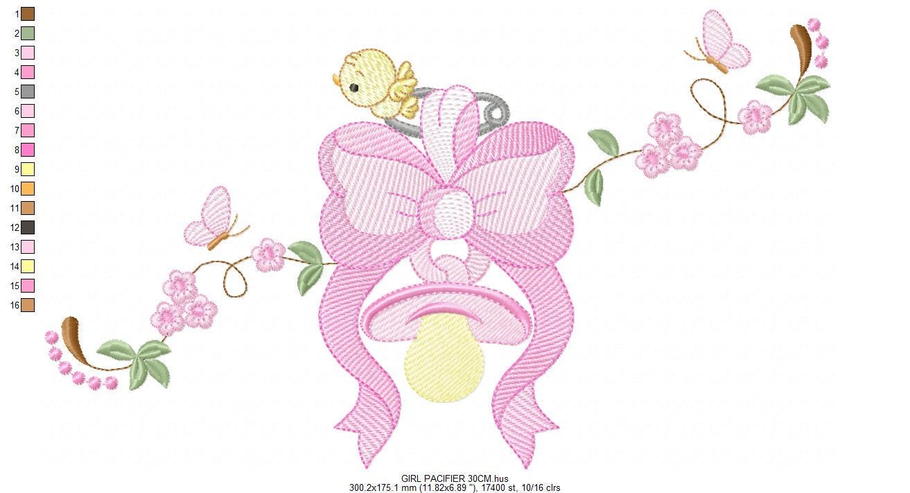 Baby girl pink ribbon and pacifier embroidery designs - Newborn toy machine embroidery pattern - Princess bow lace - Instant download pes
