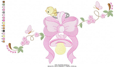 Baby girl pink ribbon and pacifier embroidery designs - Newborn toy machine embroidery pattern - Princess bow lace - Instant download pes