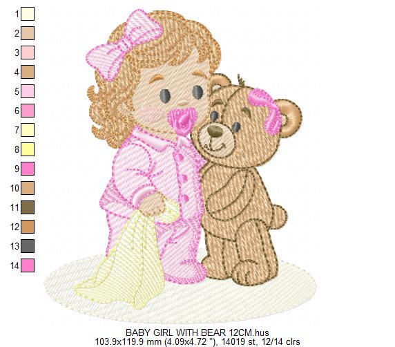 Baby Girl with pacifier and Lovey blankie embroidery designs - Pink Teddy bear machine embroidery pattern - Instant digital download pes jef