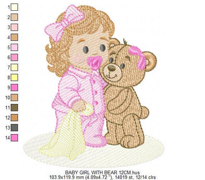 Baby Girl with pacifier and Lovey blankie embroidery designs - Pink Teddy bear machine embroidery pattern - Instant digital download pes jef