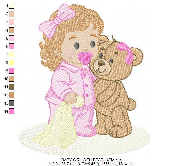 Baby Girl with pacifier and Lovey blankie embroidery designs - Pink Teddy bear machine embroidery pattern - Instant digital download pes jef